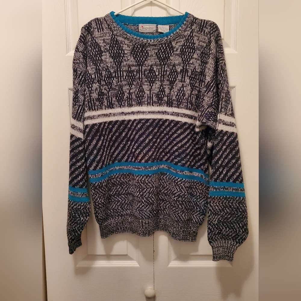 Unisex Vintage 80s Impulse Geometric Knit Sweater Teal Stripe Size Large